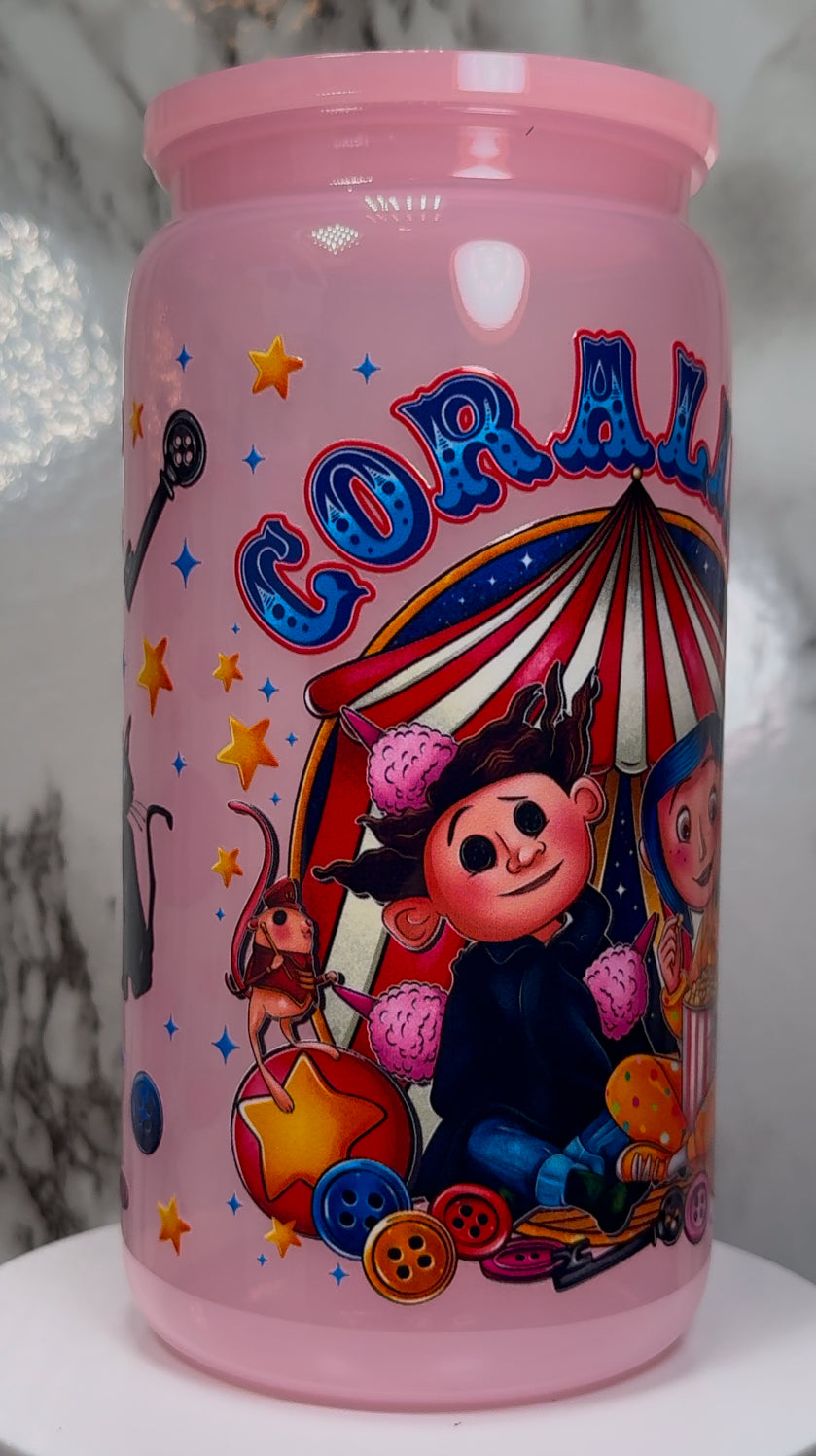 Coraline Circus UVDTF on a PLASTIC pink beer can cup