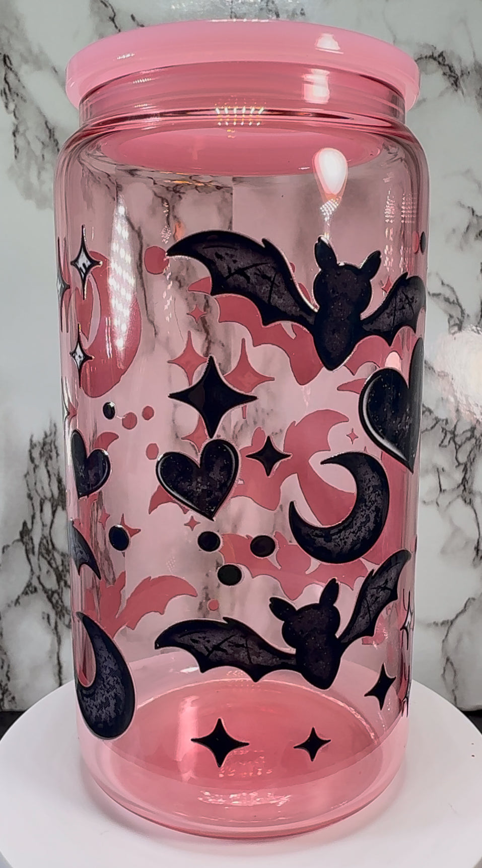 Bats, Hearts & Moons UVDTF on a pink beer can glass
