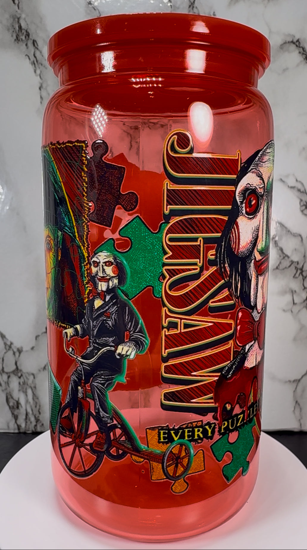 Saw Jigsaw UVDTF on a red PLASTIC beer can cup