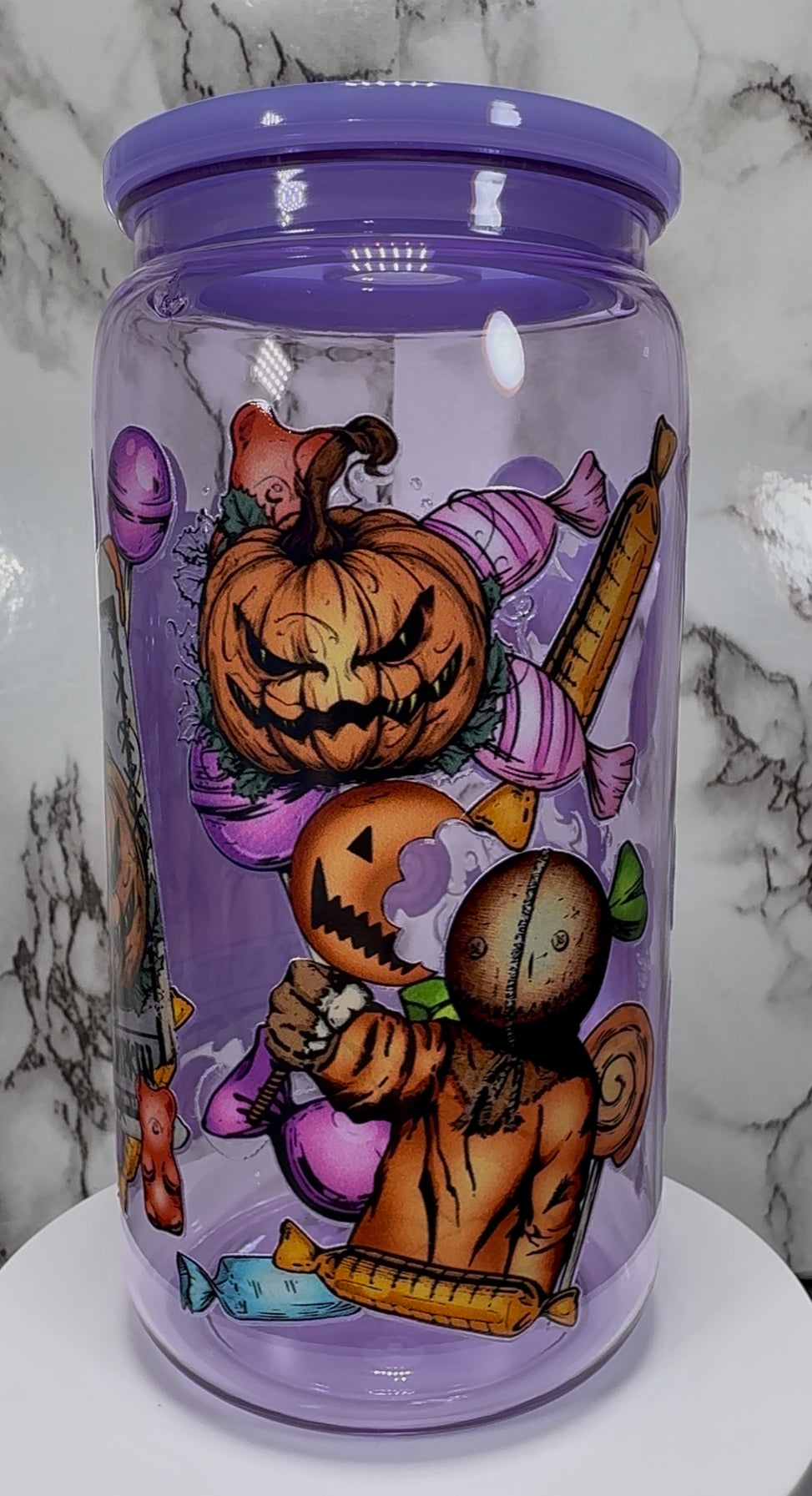 Sam Trick R Treat UVDTF on a purple PLASTIC beer can cup