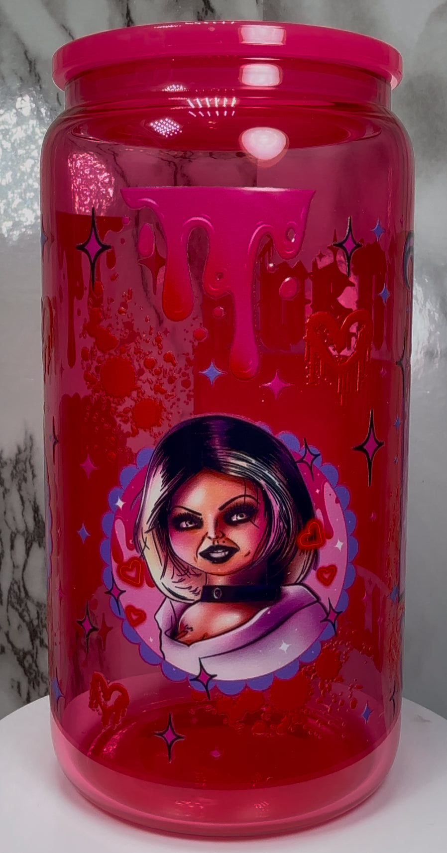 Tiffany Valentine UVDTF on a hot pink beer can glass