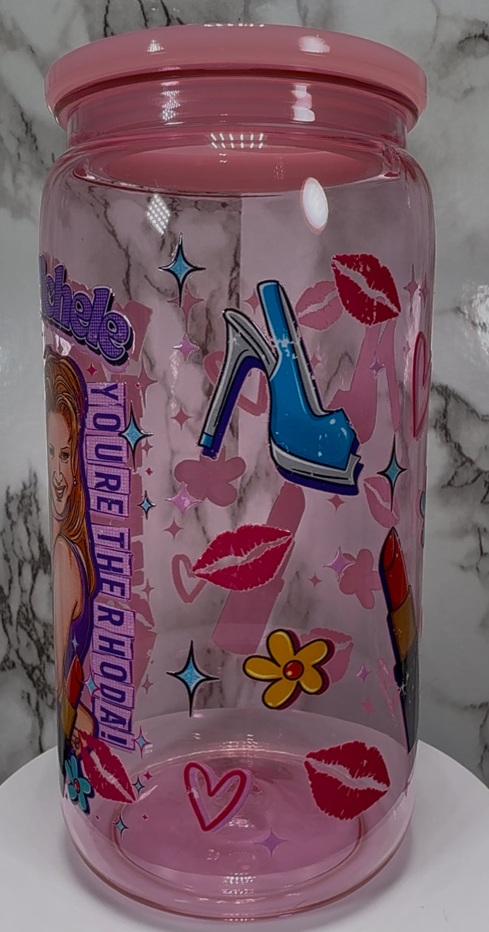 Romy and Michele's High School Reunion UVDTF on a PLASTIC pink beer can cup