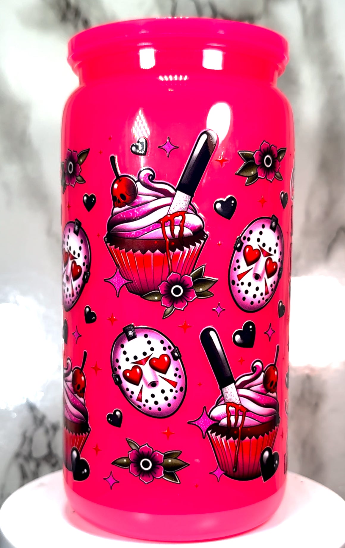 Valentine’s Day Friday the 13th Jason Voorhees UVDTF on a hot pink plastic beer can cup