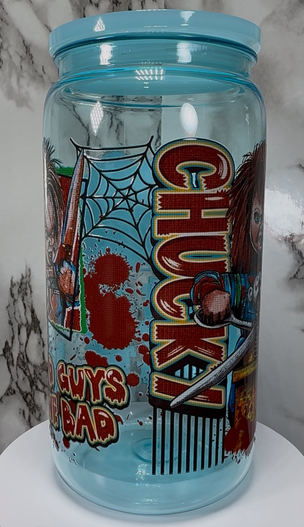 Chucky UVDTF on a blue PLASTIC beer can cup