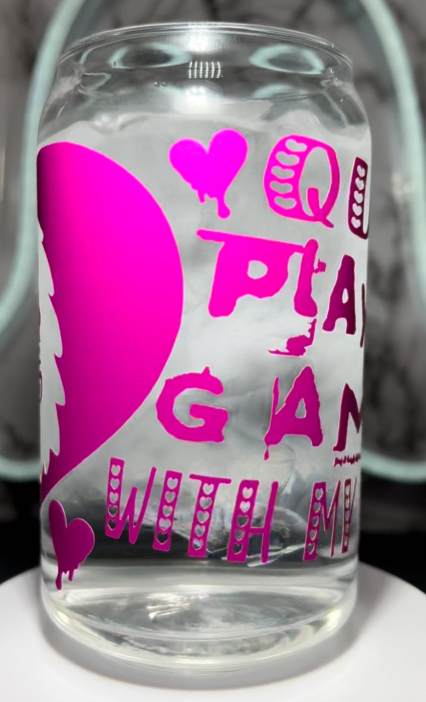 SAW Jigsaw Valentine’s Day color changing permanent vinyl on a libbey beer can glass