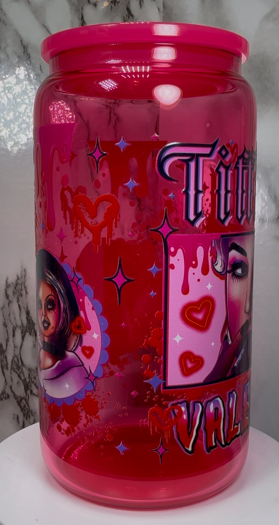 Tiffany Valentine UVDTF on a hot pink beer can glass