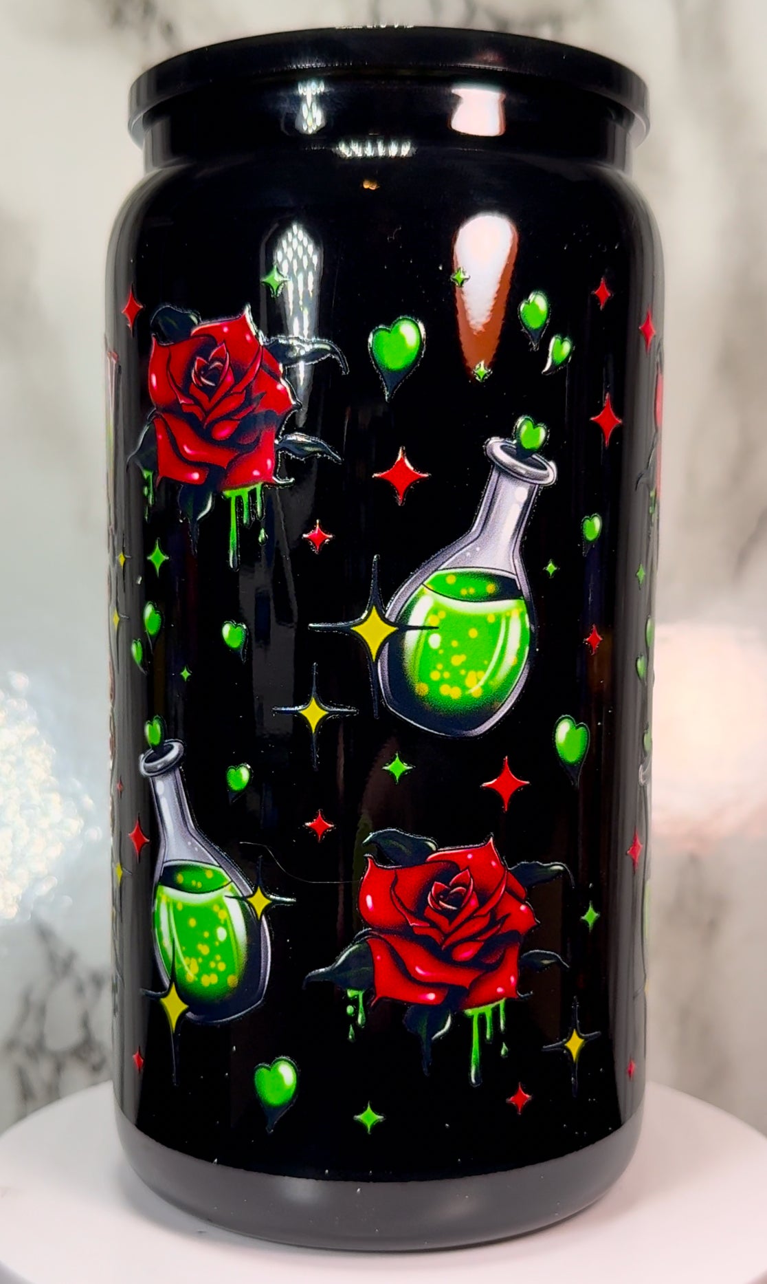 Love is Poison Wednesday Addams Valentine’s Day UVDTF on black beer can glass