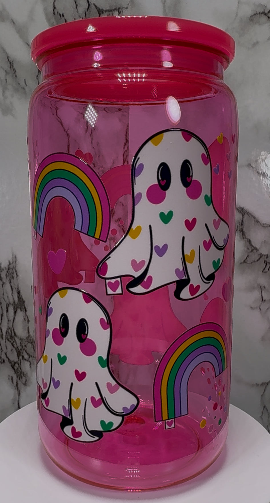 Rainbow Ghosts UVDTF on a hot pink PLASTIC beer can cup
