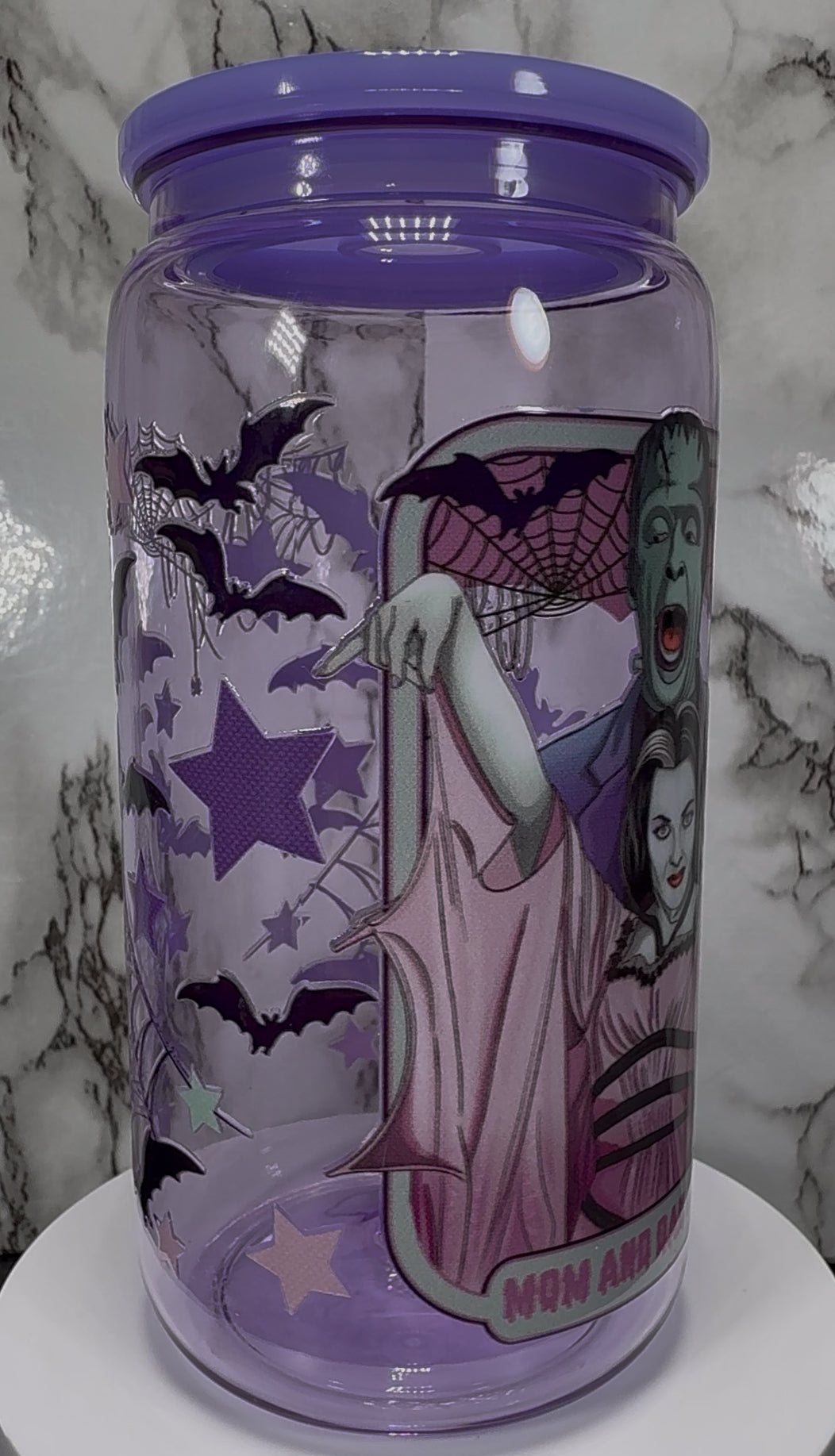 The Munsters Mom and Dad Goals UVDTF on a PLASTIC purple beer can cup