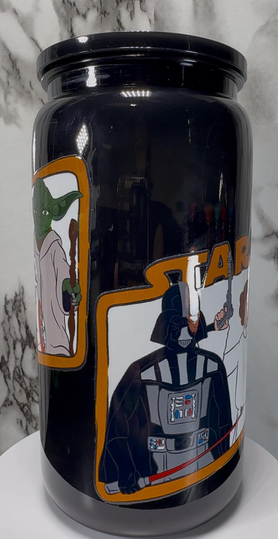 Star Wars UVDTF on a black PLASTIC beer can cup