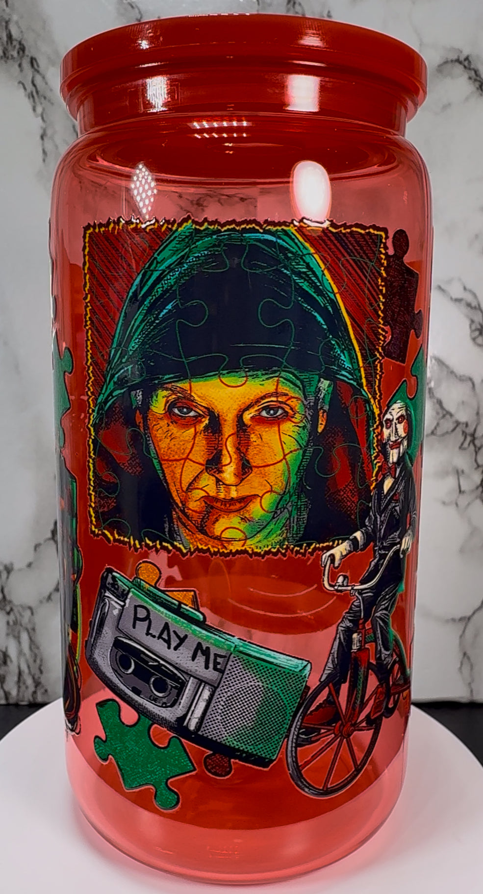 Saw Jigsaw UVDTF on a red PLASTIC beer can cup