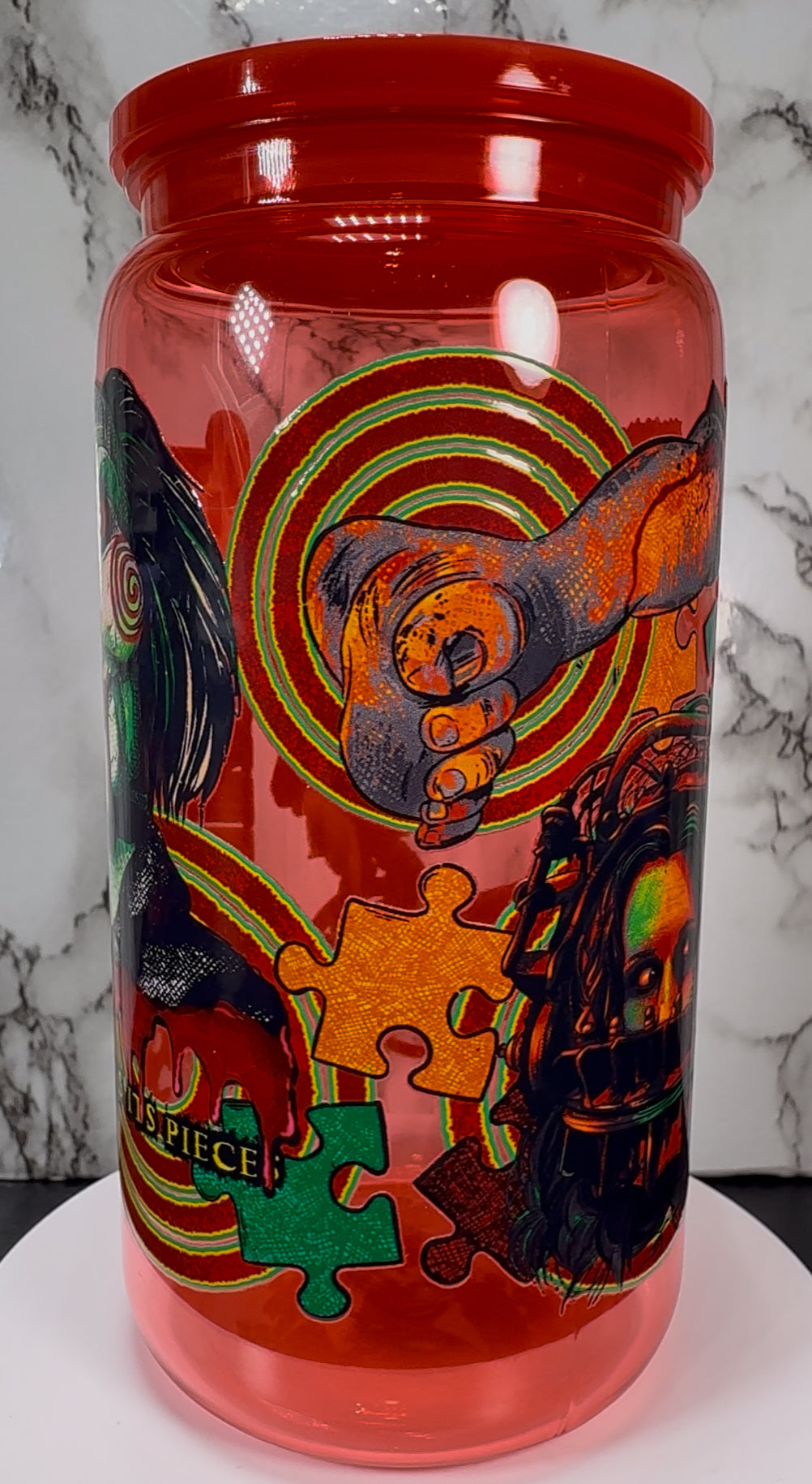 Saw Jigsaw UVDTF on a red PLASTIC beer can cup