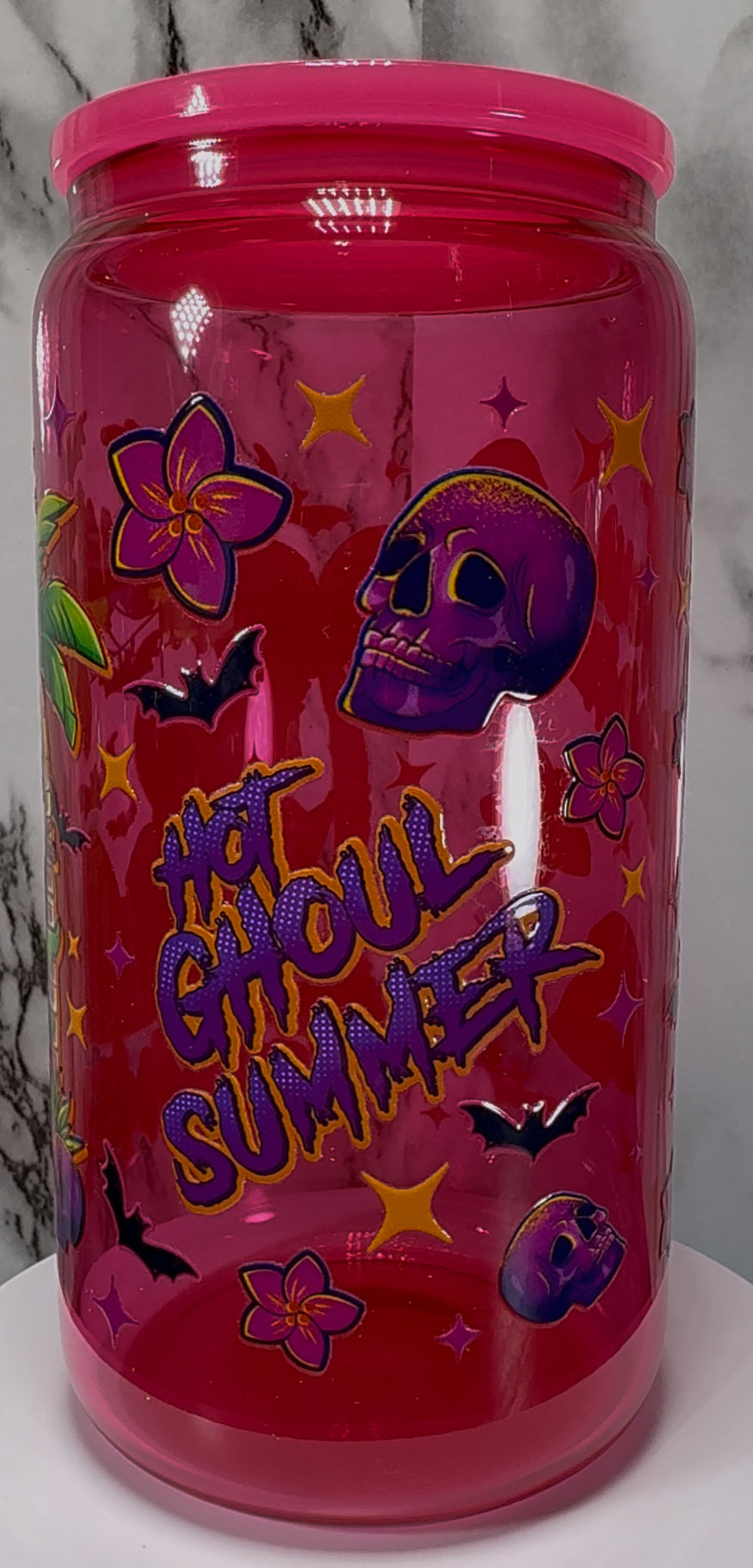 Hot Ghoul Summer UVDTF on a hot pink beer can glass