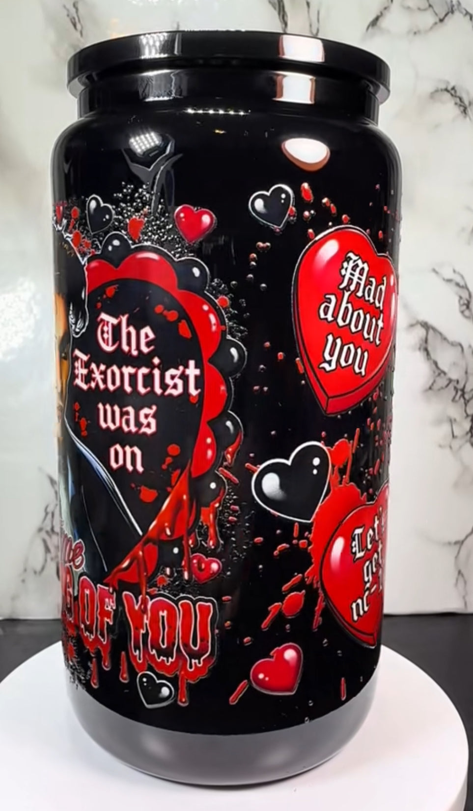 Valentine’s Day Billy Loomis UVDTF on a black beer can glass