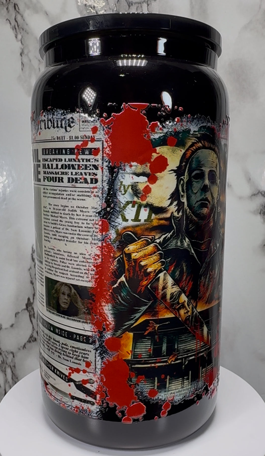 Michael Myers UVDTF on a black beer can glass