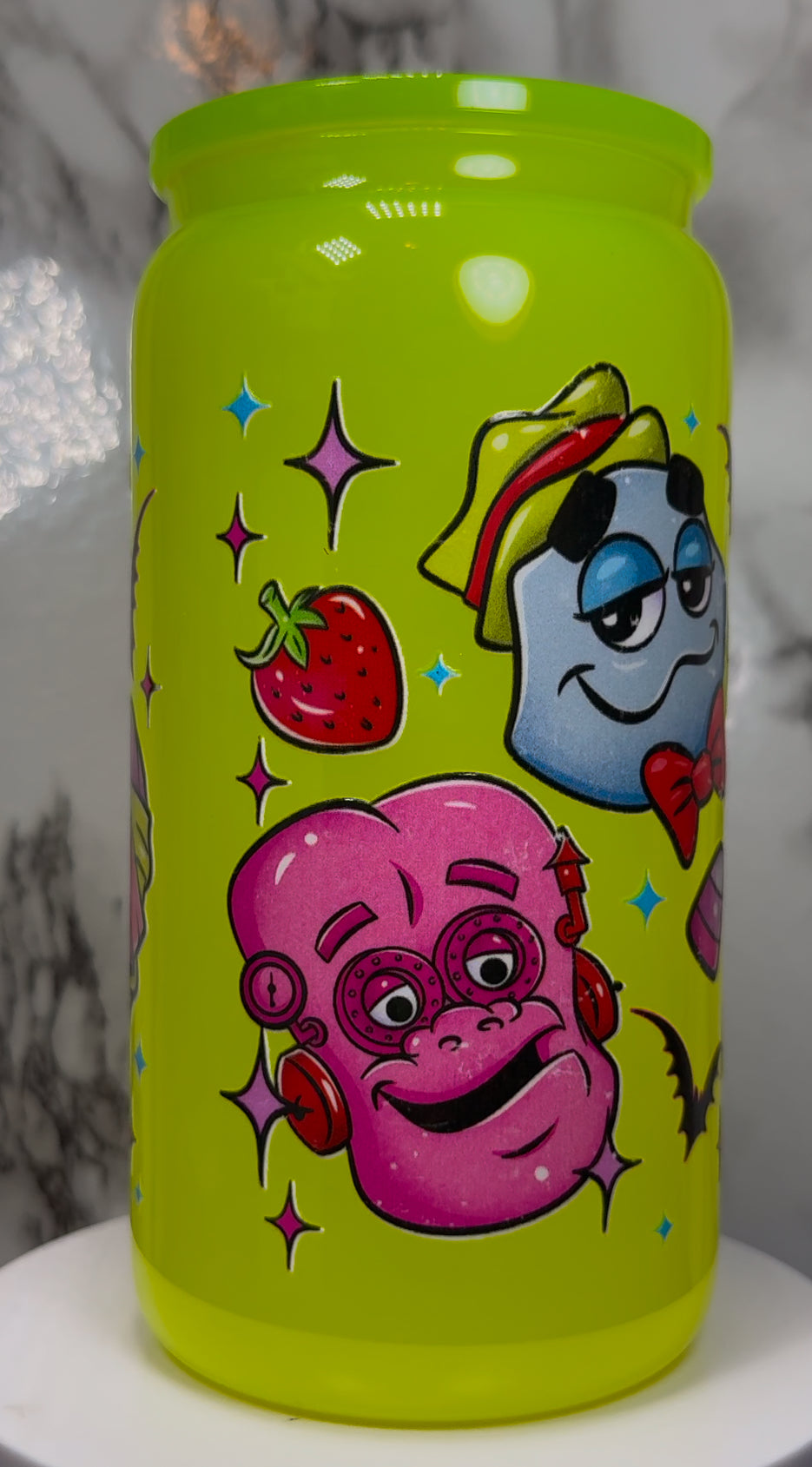 Monster Cereal UVDTF on a bright yellow beer can glass