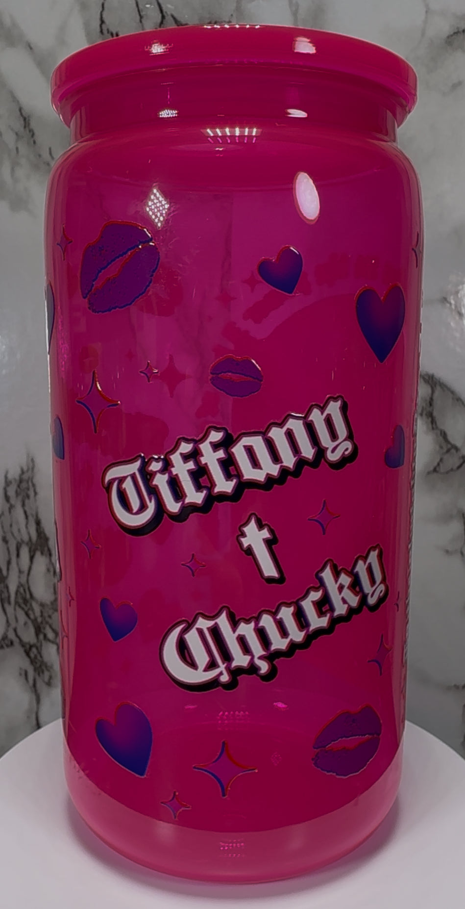 Tiffany Valentine UVDTF on a hot pink PLASTIC beer can cup