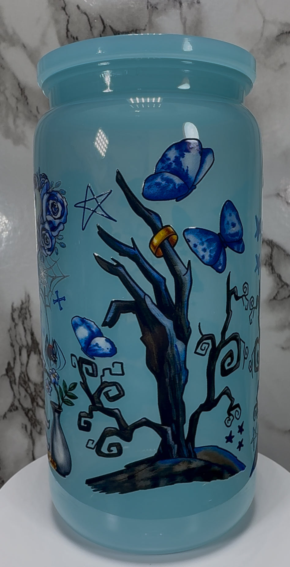 Corpse Bride UVDTF on a PLASTIC beer can cup