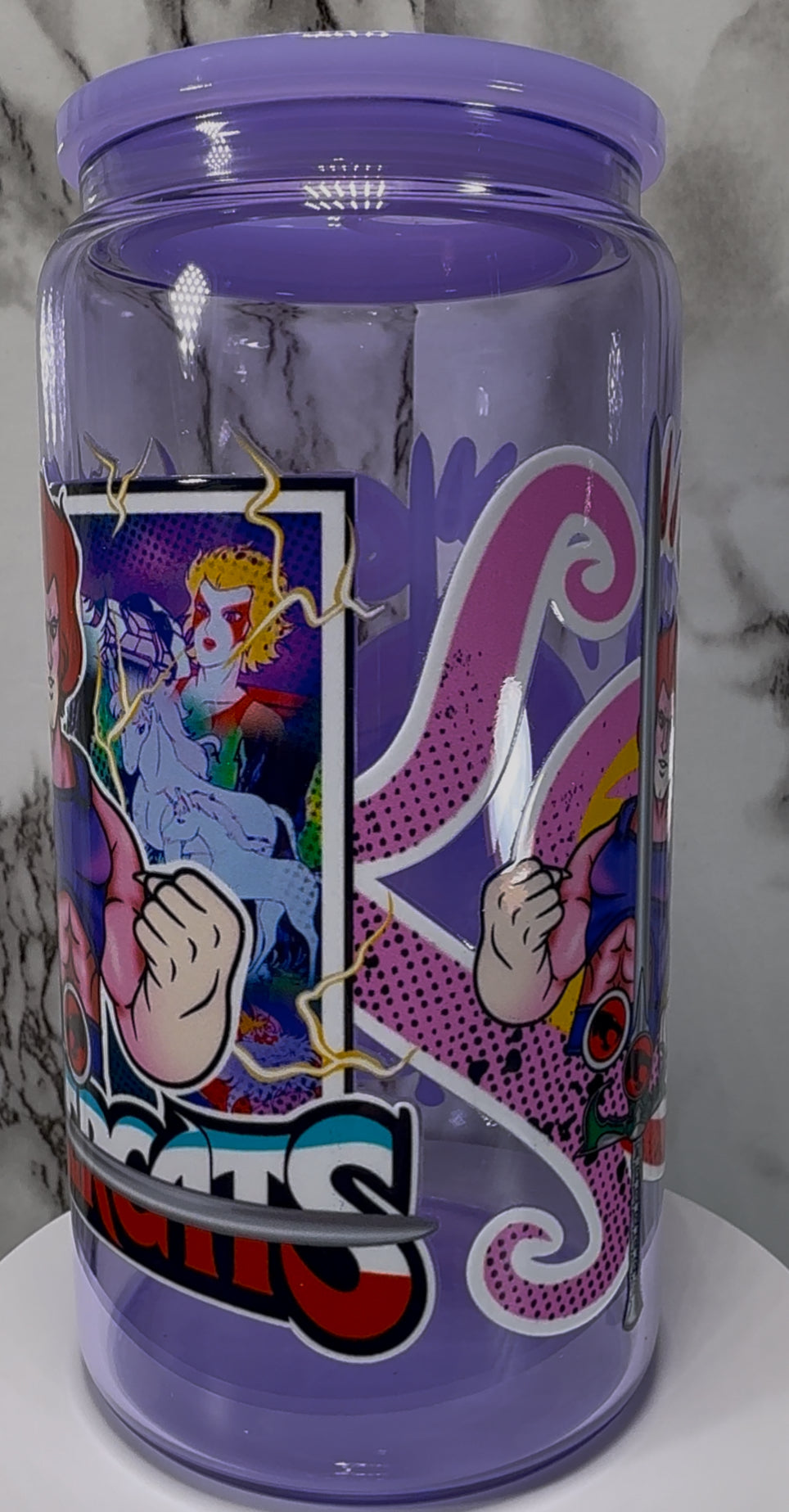 Thundercats UVDTF on a purple beer can glass