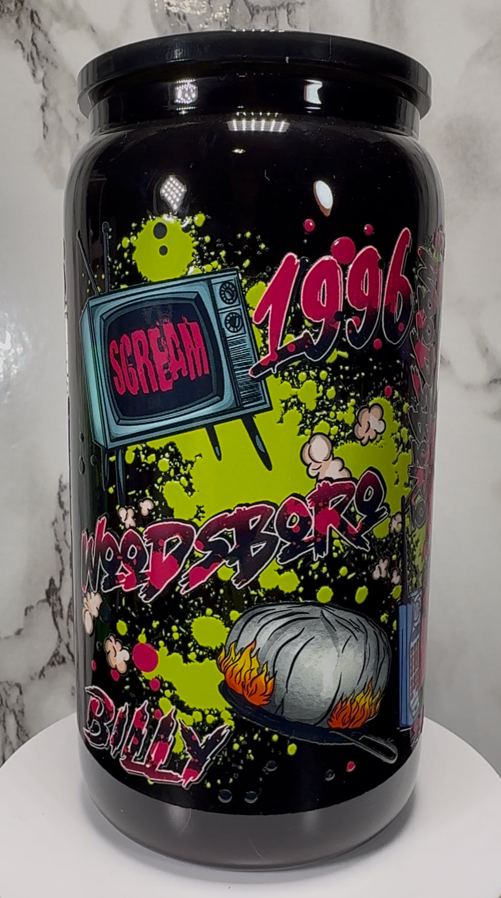 1996 Scream Cast Green UVDTF on a black beer can glass
