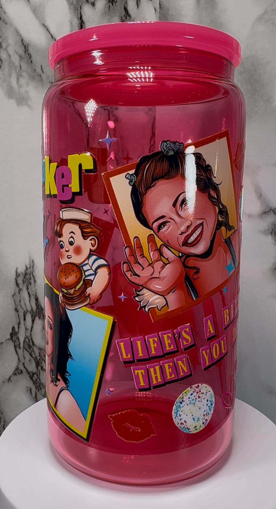 Jawbreaker UVDTF on a hot pink beer can glass