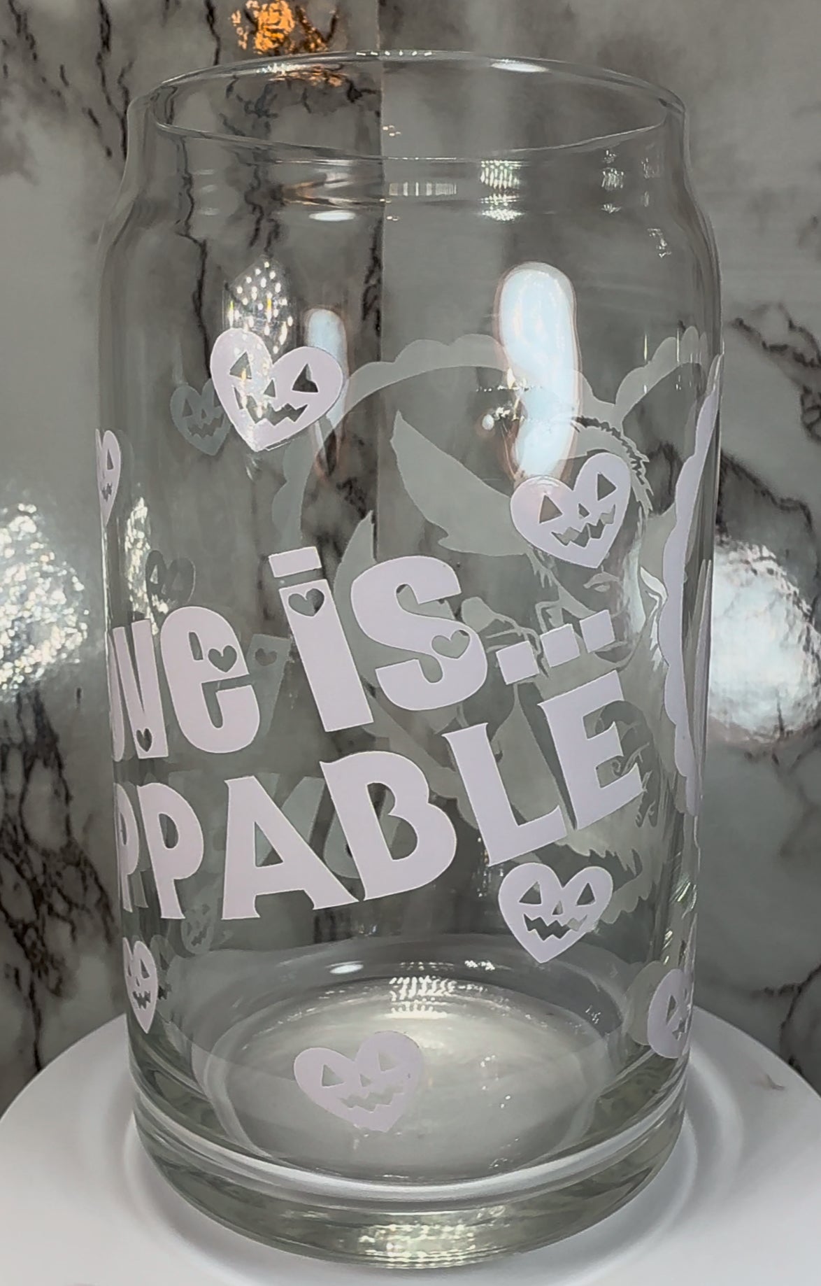 Valentine’s Day Michael Myers Halloween color changing permanent vinyl on a libbey beer can glass