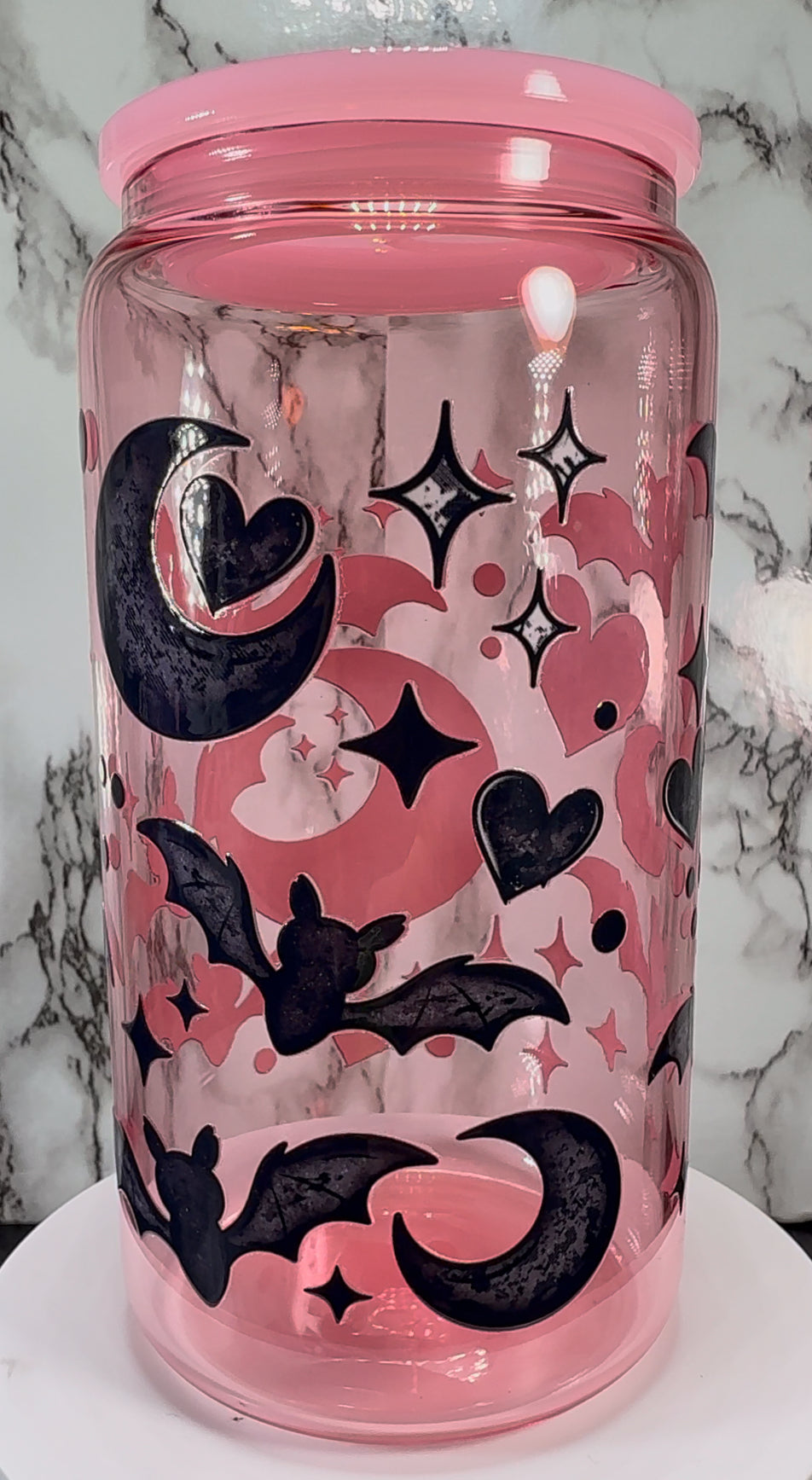 Bats, Hearts & Moons UVDTF on a pink beer can glass
