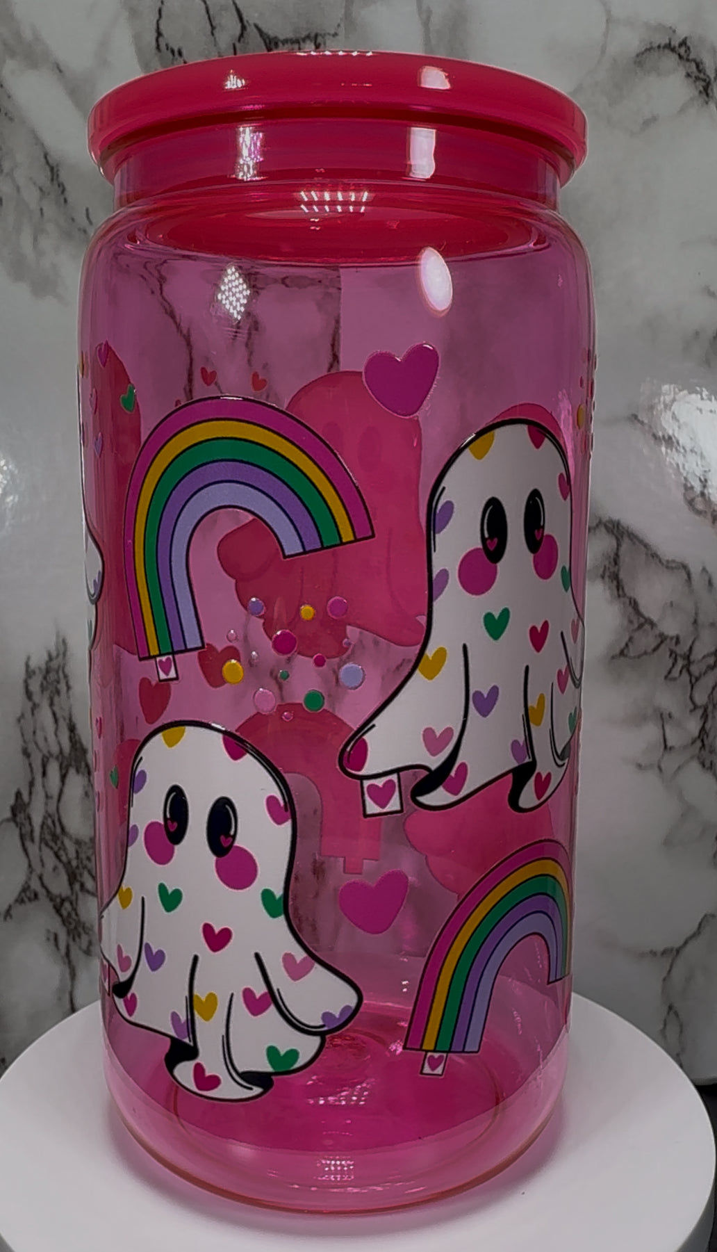 Rainbow Ghosts UVDTF on a hot pink PLASTIC beer can cup