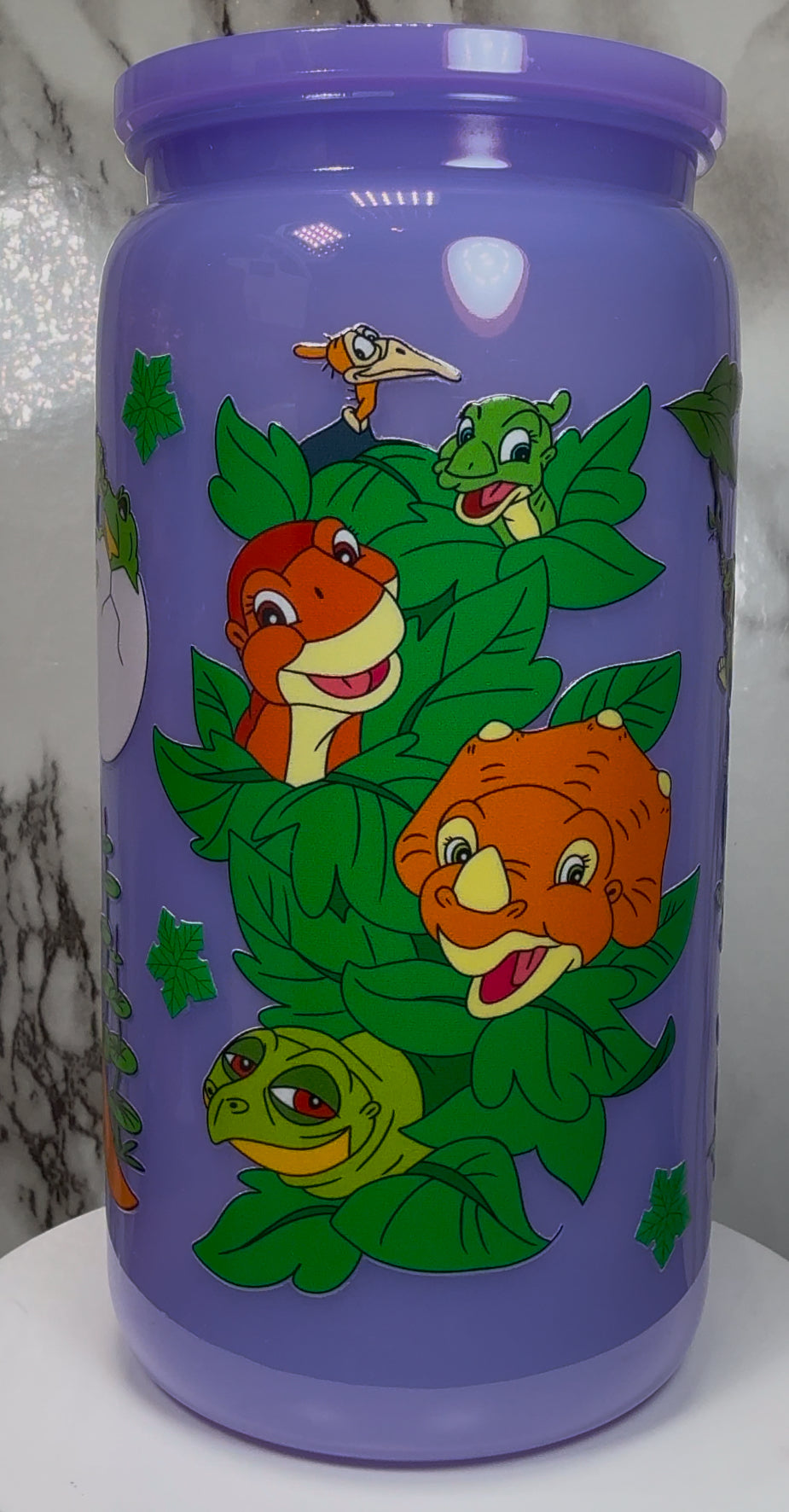 Land Before Time UVDTF on a PLASTIC purple beer can cup