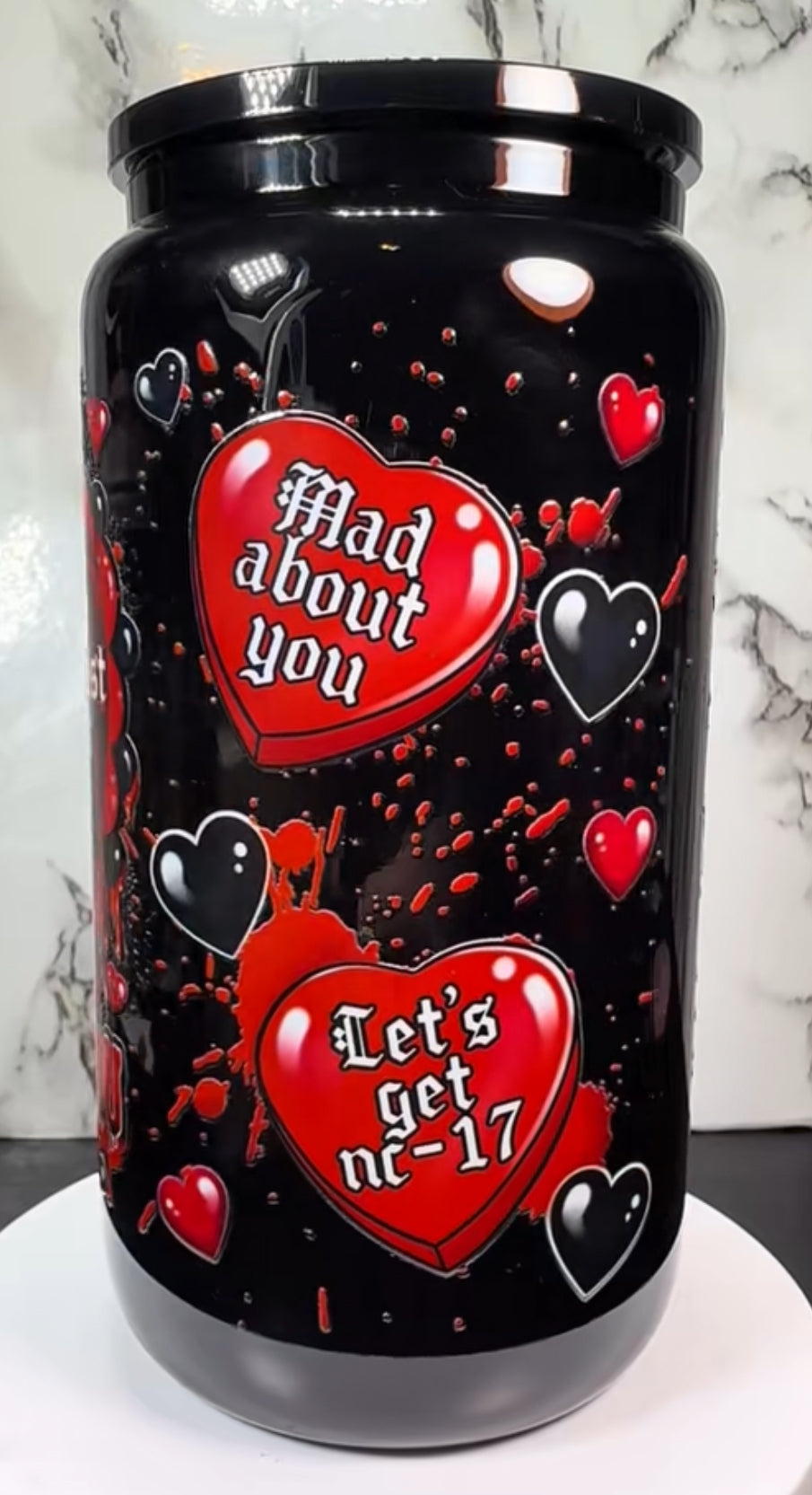Valentine’s Day Billy Loomis UVDTF on a black beer can glass