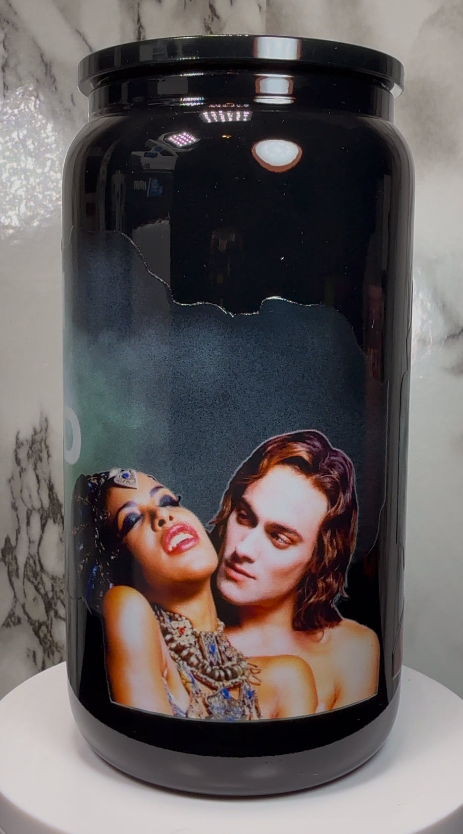 Queen of the Damned UVDTF on a black beer can glass