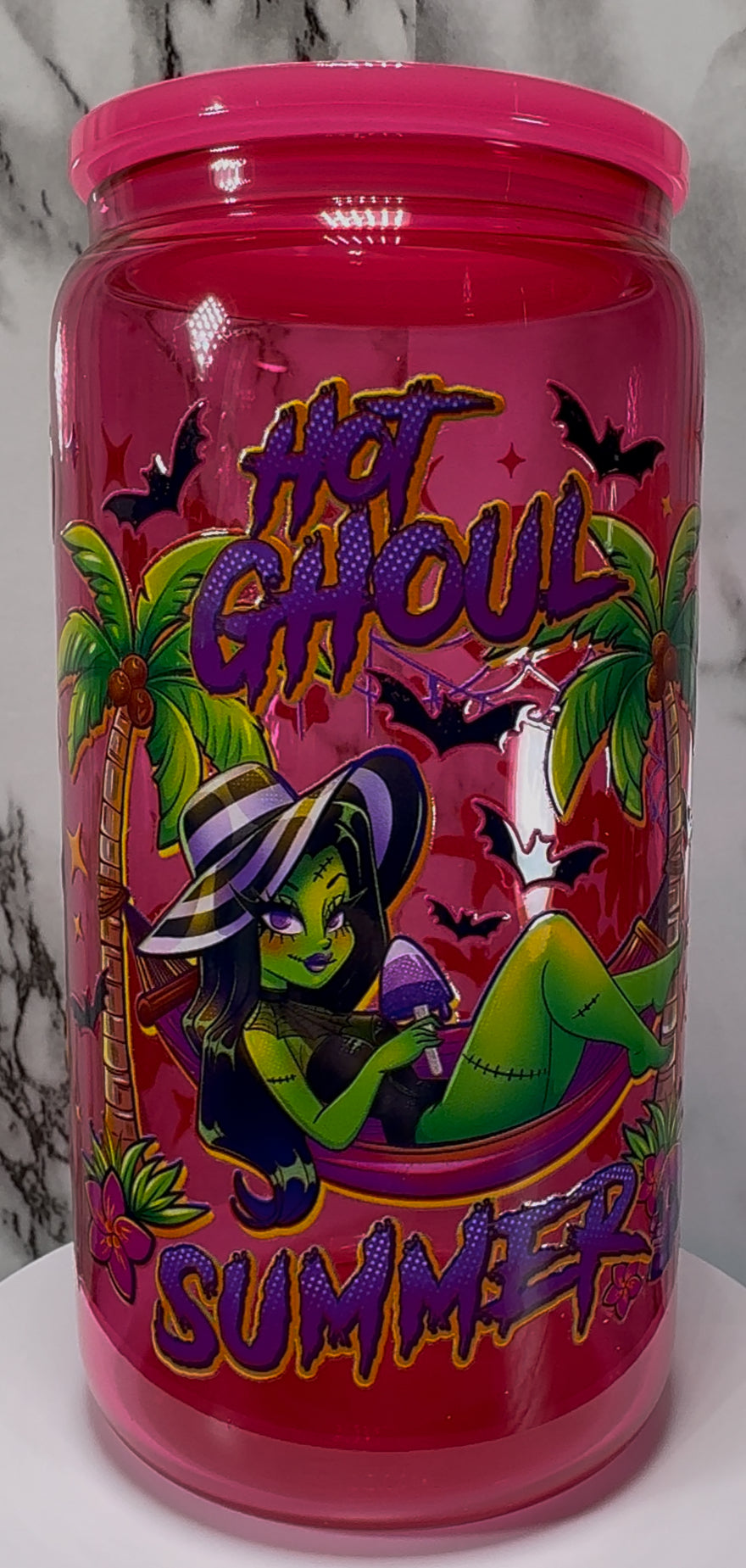 Hot Ghoul Summer UVDTF on a hot pink beer can glass