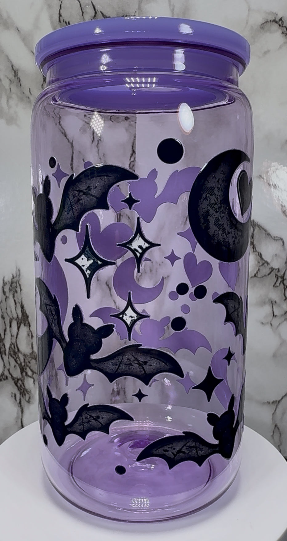 Bats, Moon and Hearts UVDTF on a PLASTIC purple beer can cup