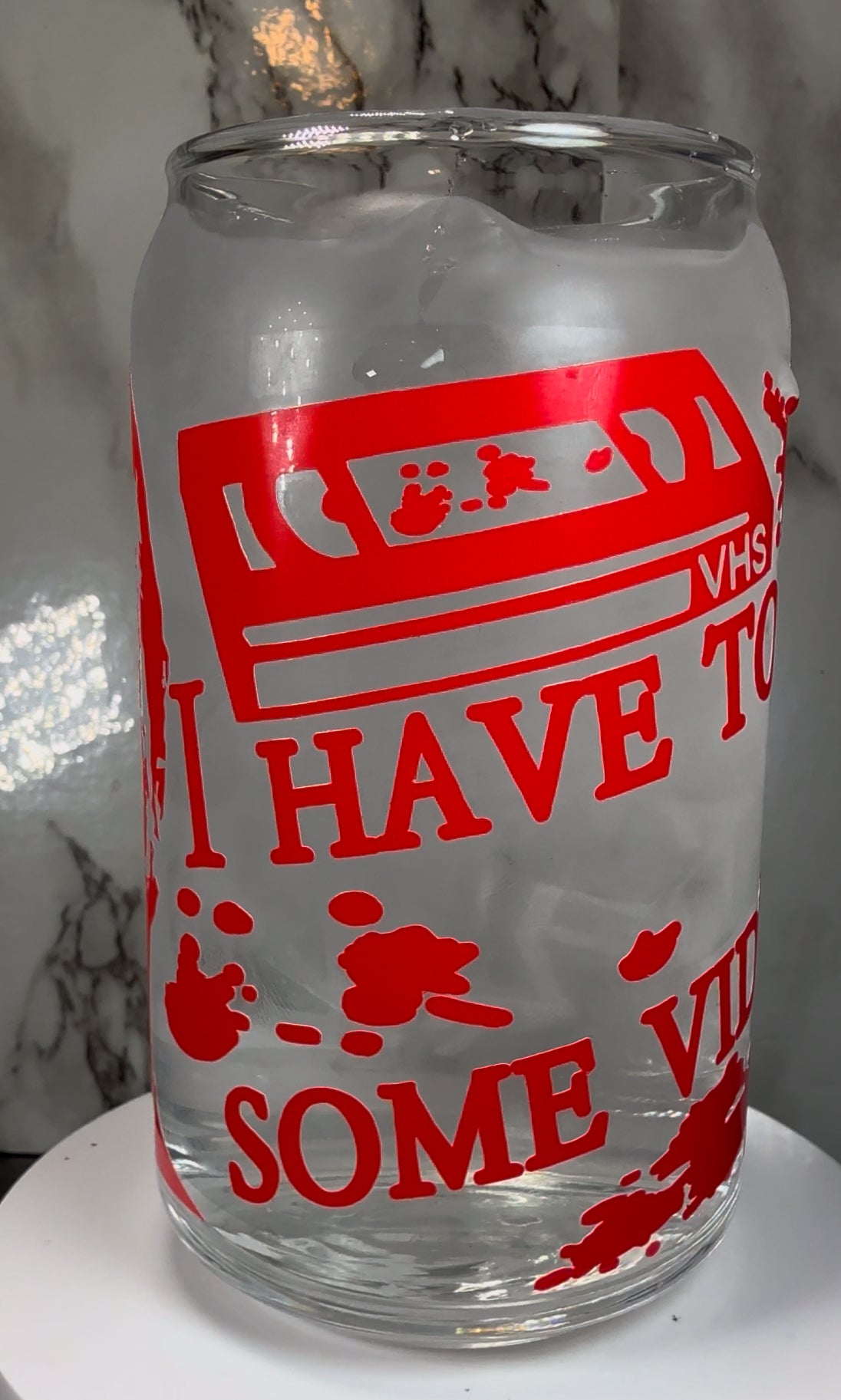 American Psycho color changing red permanent vinyl on libbey beer can glass