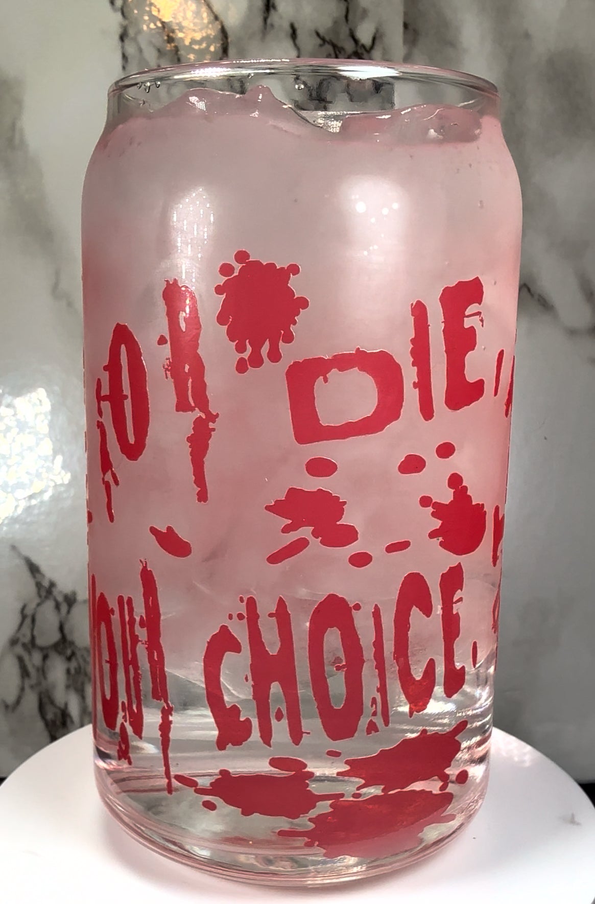 Jigsaw SAW Horror color changing red permanently vinyl on a libbey beer can glass.