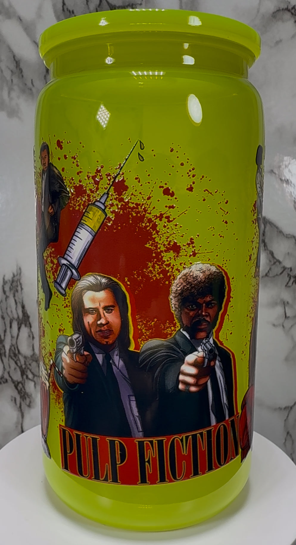 Pulp Fiction UVDTF on a bright yellow PLASTIC beer can cup