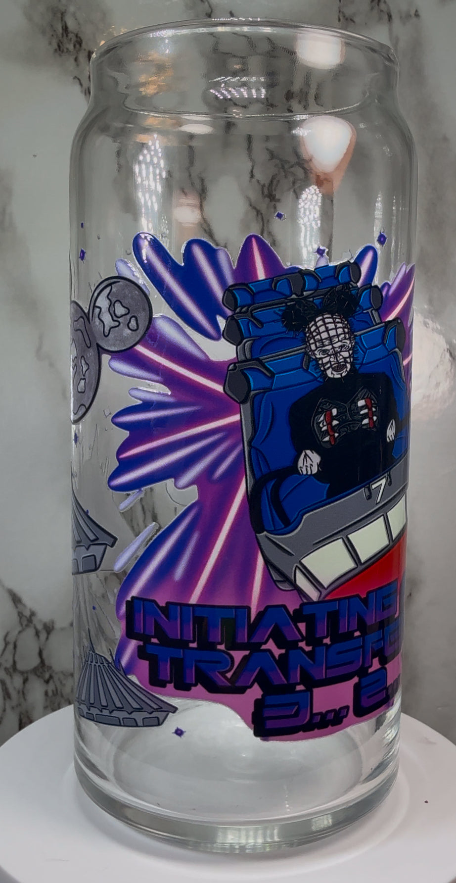 Disney Hellraiser Pinhead UVDTF on a 20 ounce libbey beer can glass