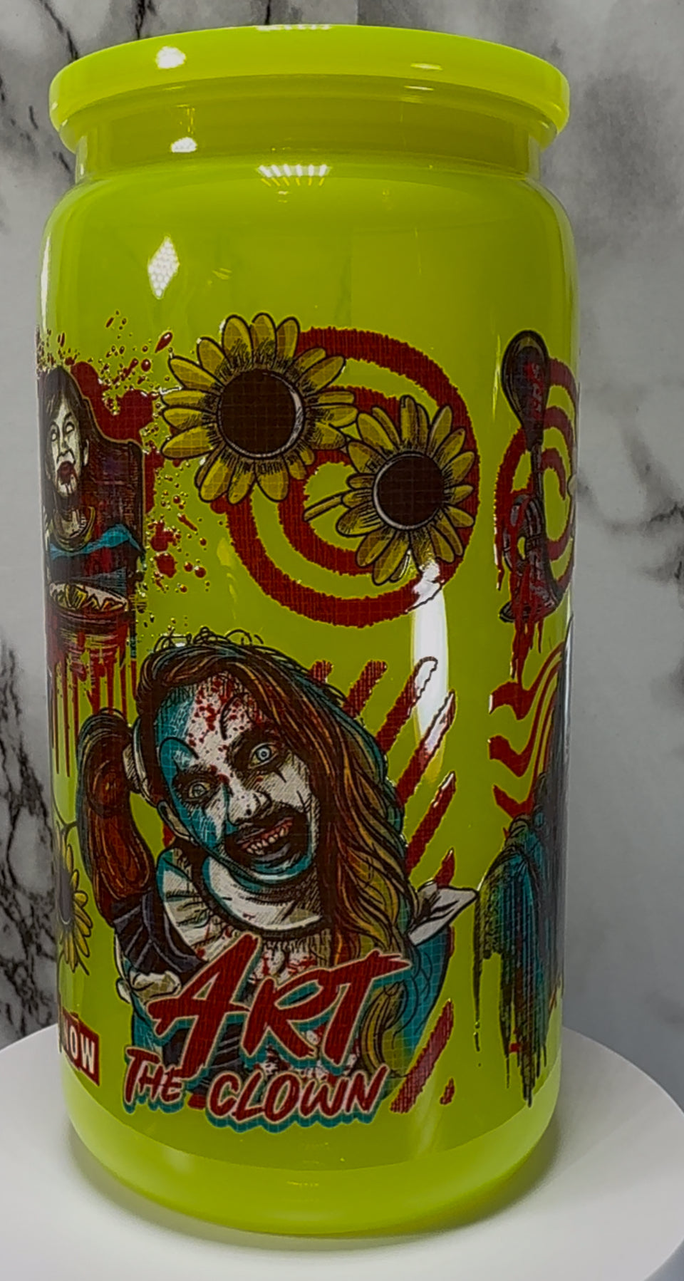 Terrifier UVDTF on a bright yellow PLASTIC beer can cup