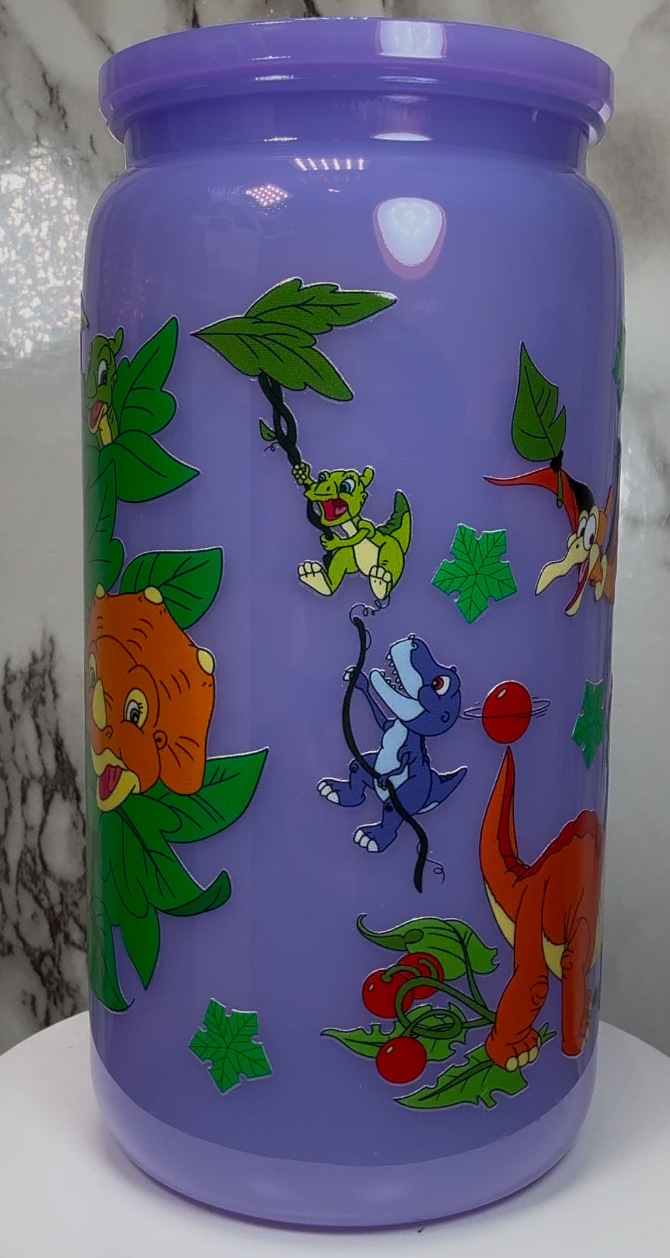 Land Before Time UVDTF on a PLASTIC purple beer can cup