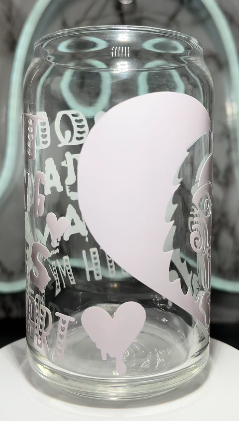 SAW Jigsaw Valentine’s Day color changing permanent vinyl on a libbey beer can glass