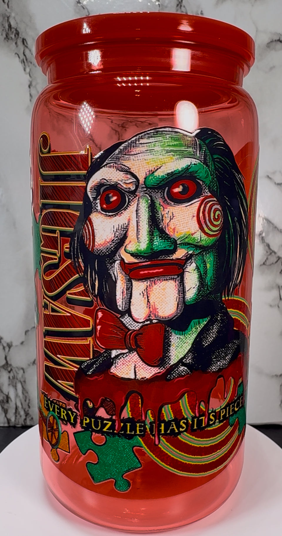 Saw Jigsaw UVDTF on a red PLASTIC beer can cup