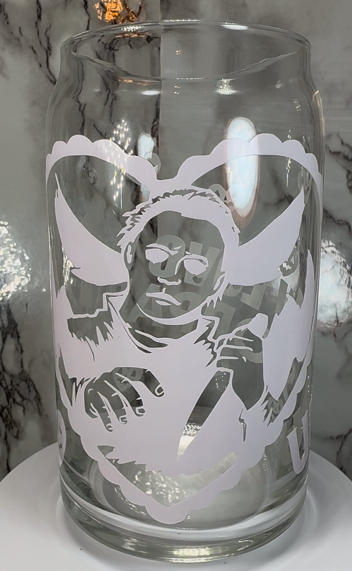 Valentine’s Day Michael Myers Halloween color changing permanent vinyl on a libbey beer can glass