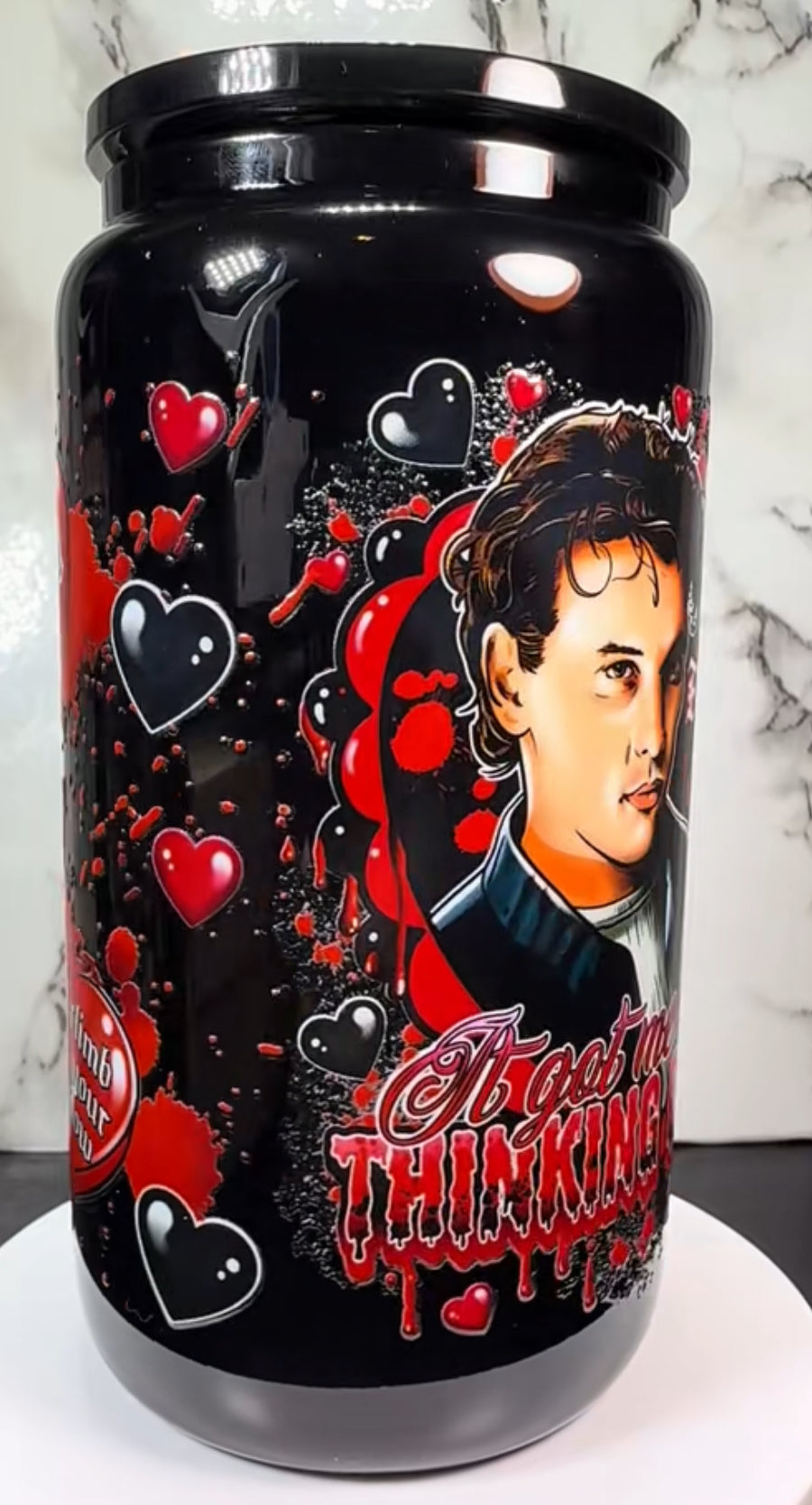 Valentine’s Day Billy Loomis UVDTF on a black beer can glass