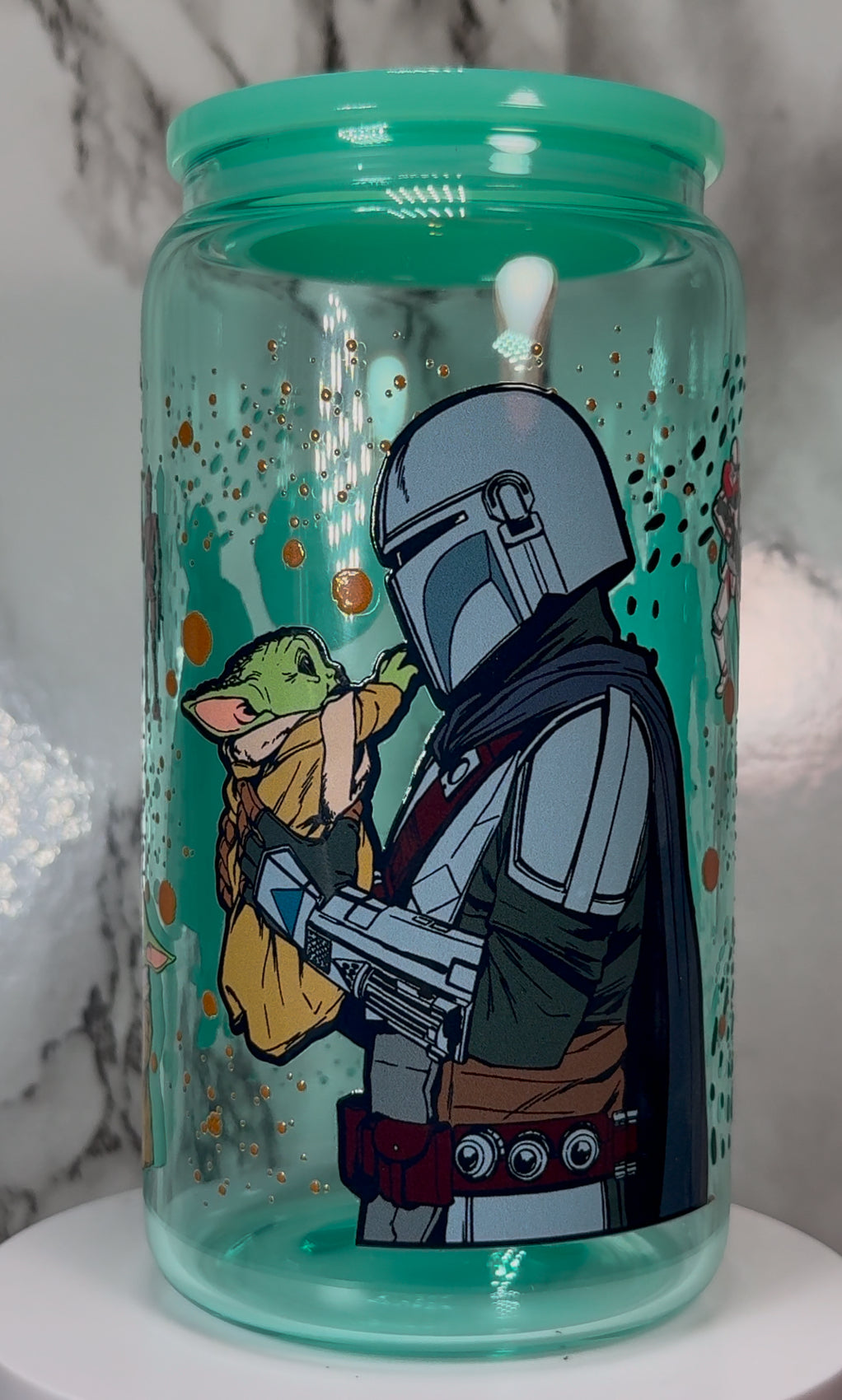 Mandalorian & Grogu Star Wars UVDTF on a teal beer can glass