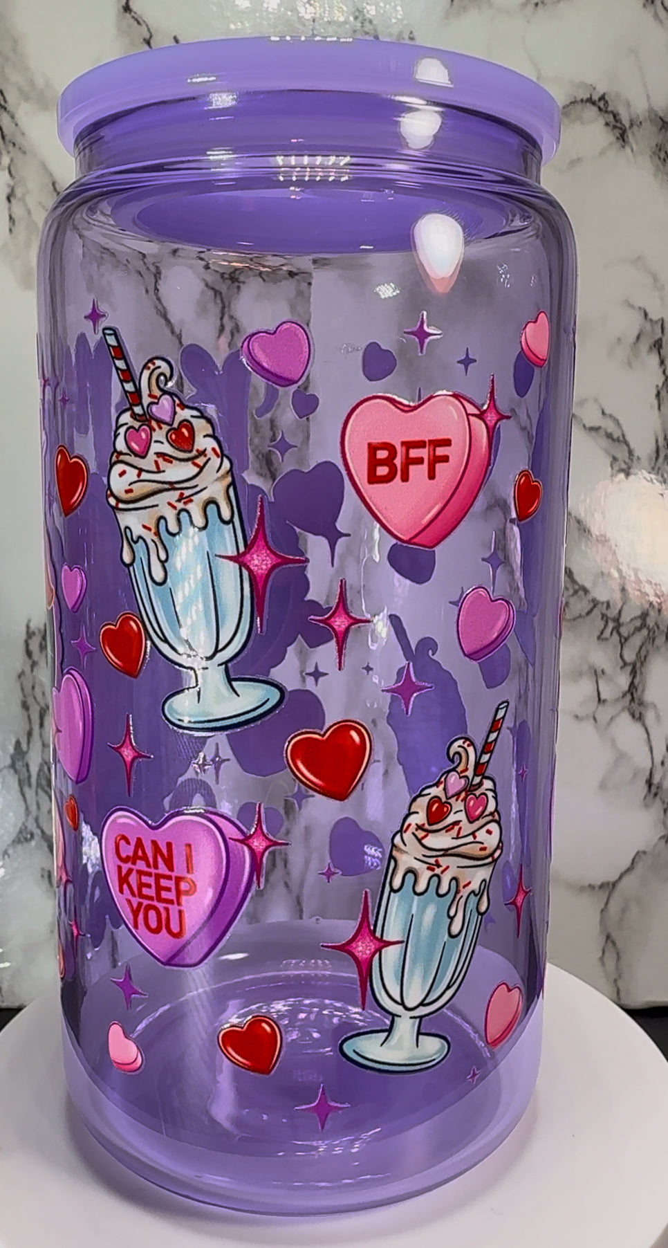 Can I Keep You Casper UVDTF on a purple beer can glass