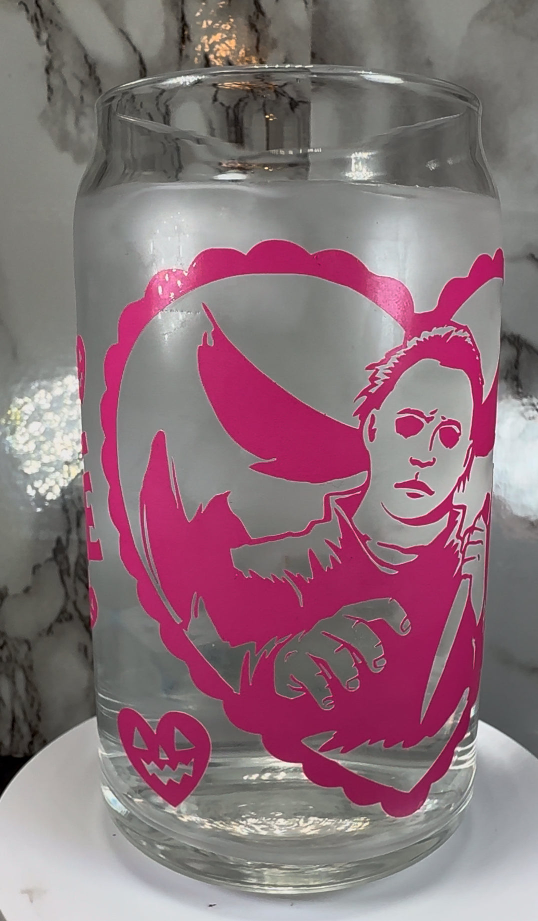 Valentine’s Day Michael Myers Halloween color changing permanent vinyl on a libbey beer can glass