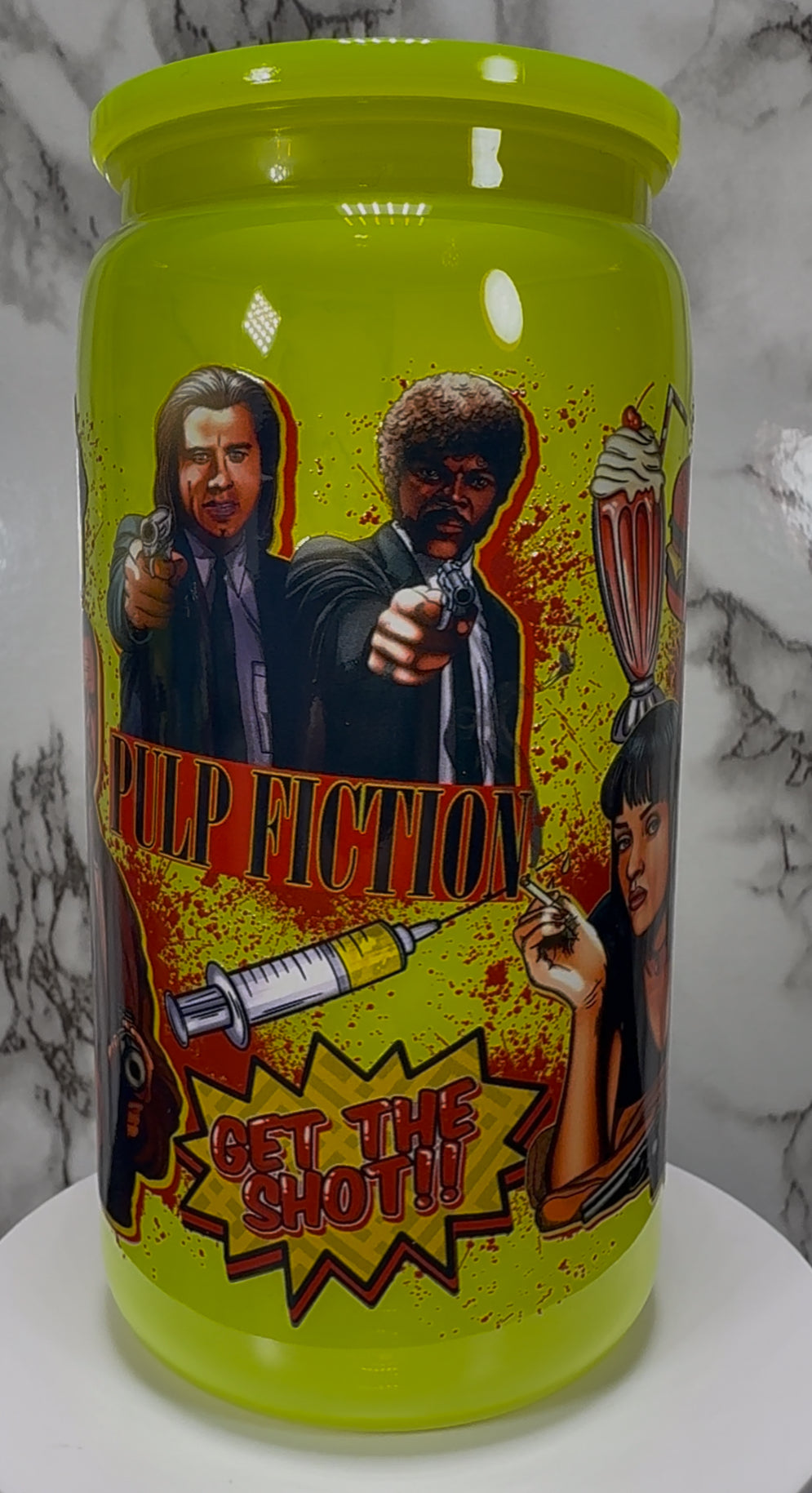 Pulp Fiction UVDTF on a bright yellow PLASTIC beer can cup
