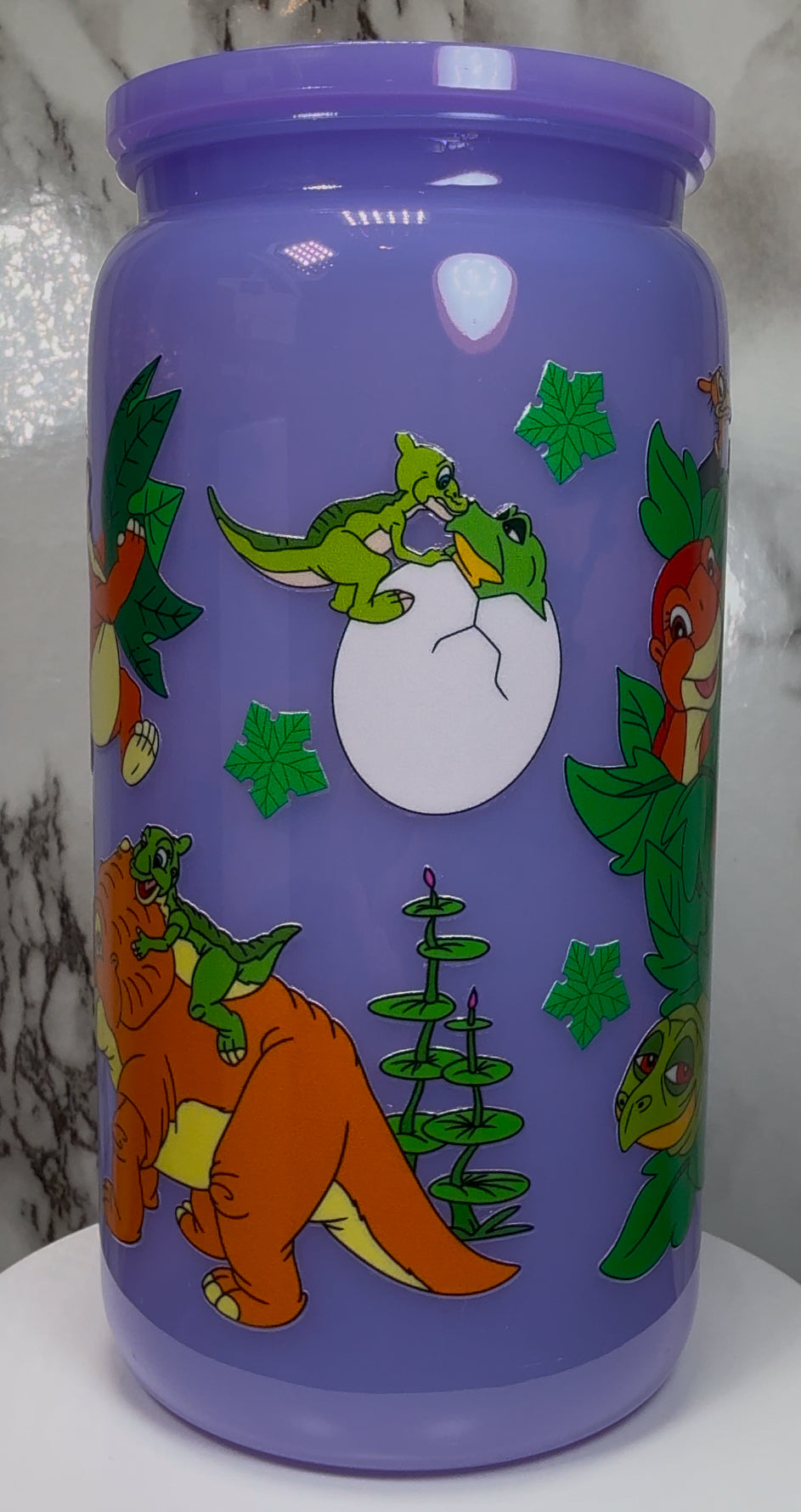 Land Before Time UVDTF on a PLASTIC purple beer can cup