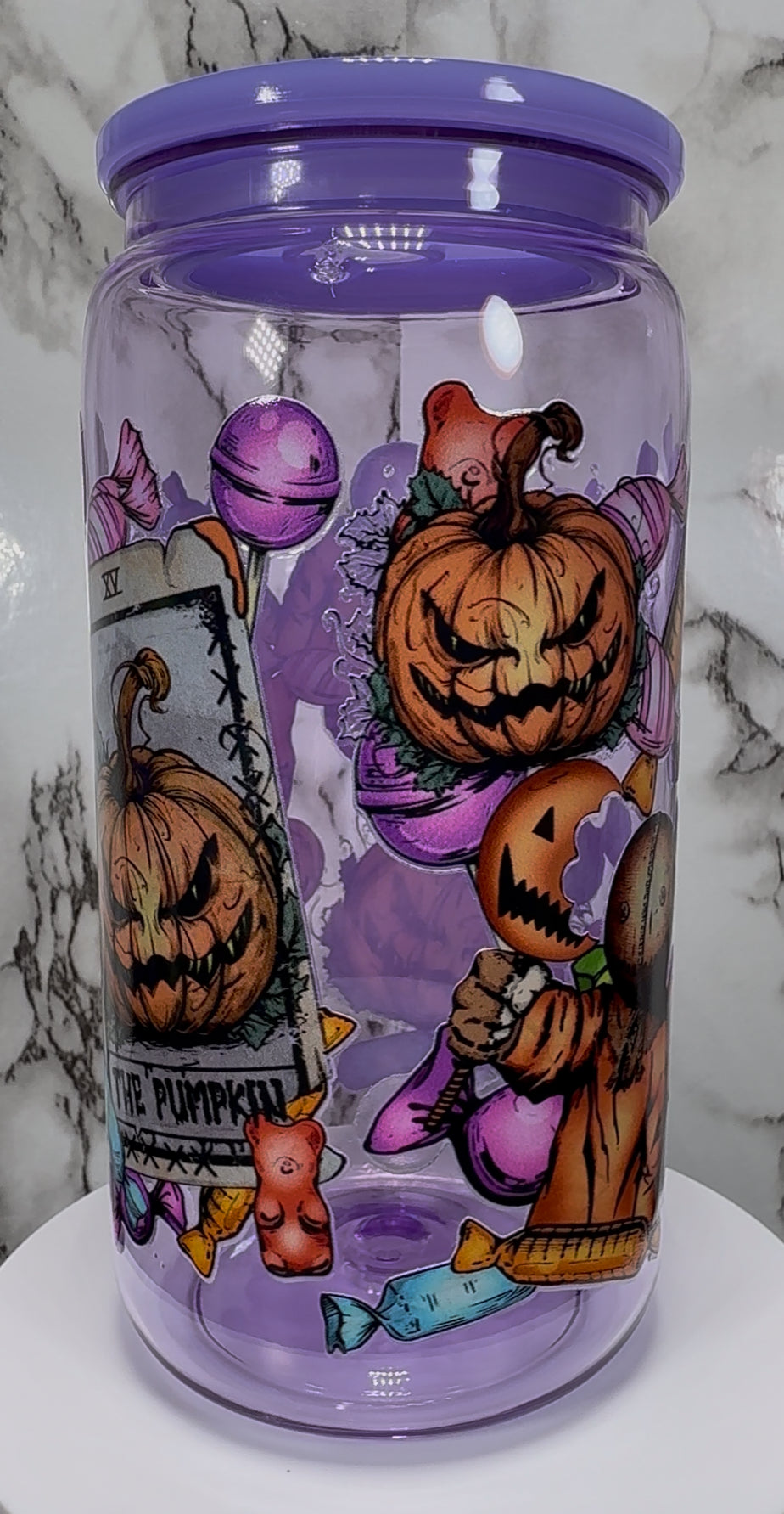 Sam Trick R Treat UVDTF on a purple PLASTIC beer can cup