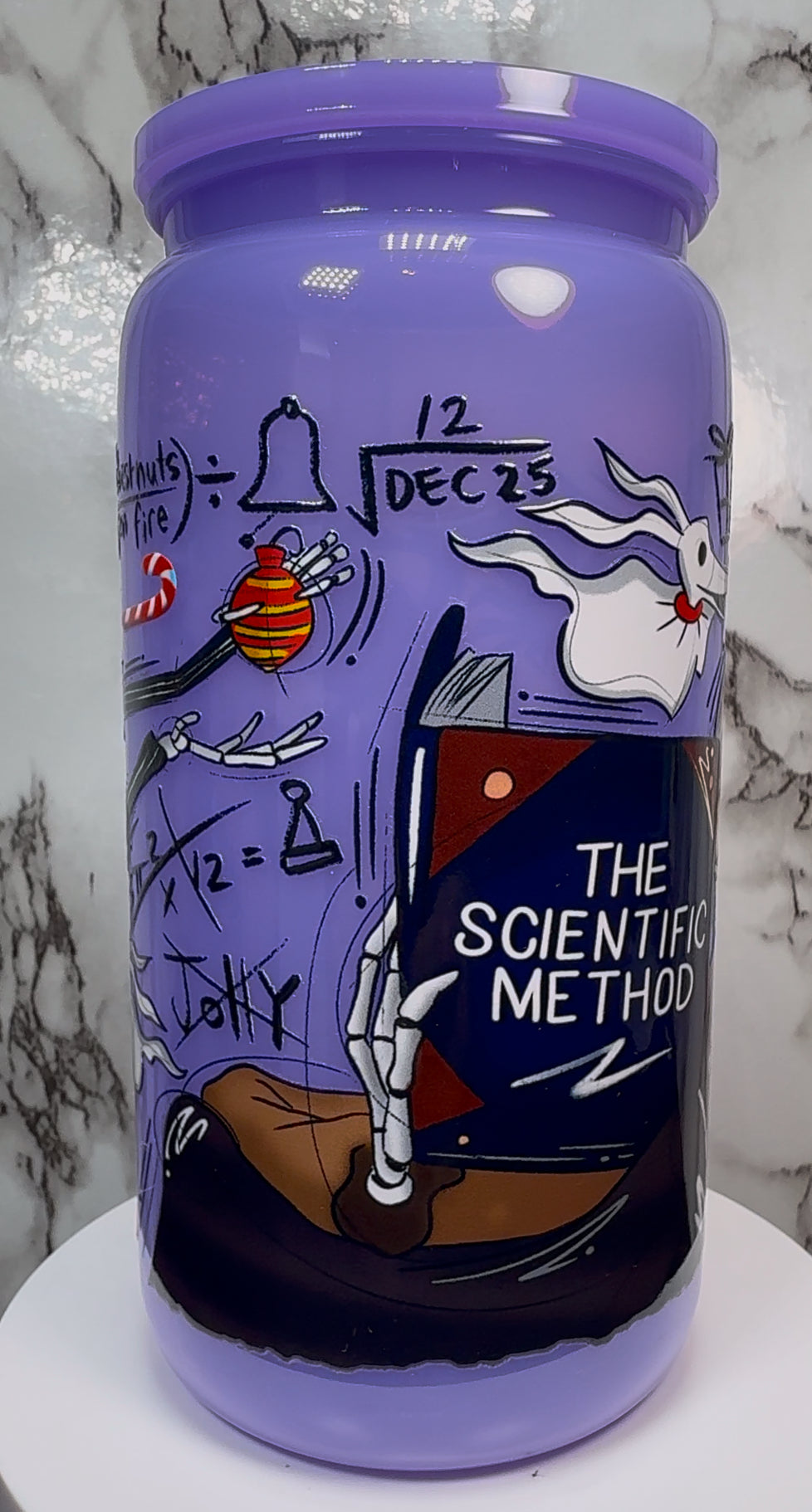 Scientific Method Nightmare Before Christmas UVDTF on a plastic purple beer can cup